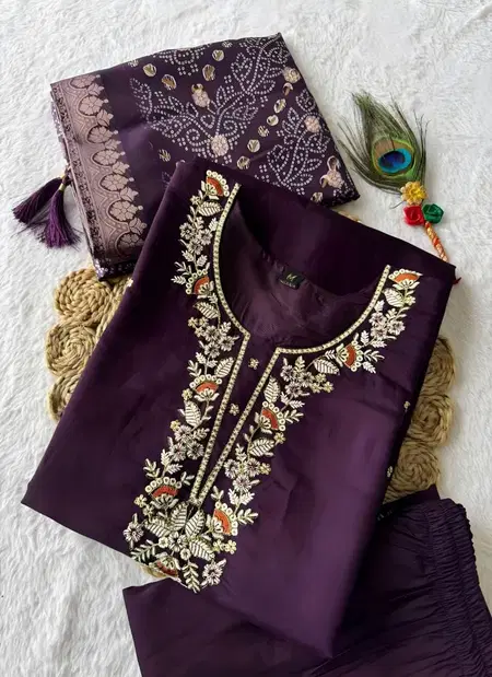 Si 356 Roman Silk Embroidery Work Kurti With Bottom Dupatta